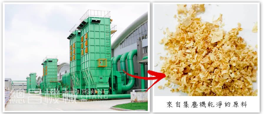 Clean sawdust feedstock recovered by a TSUNG CHANG dust collector
