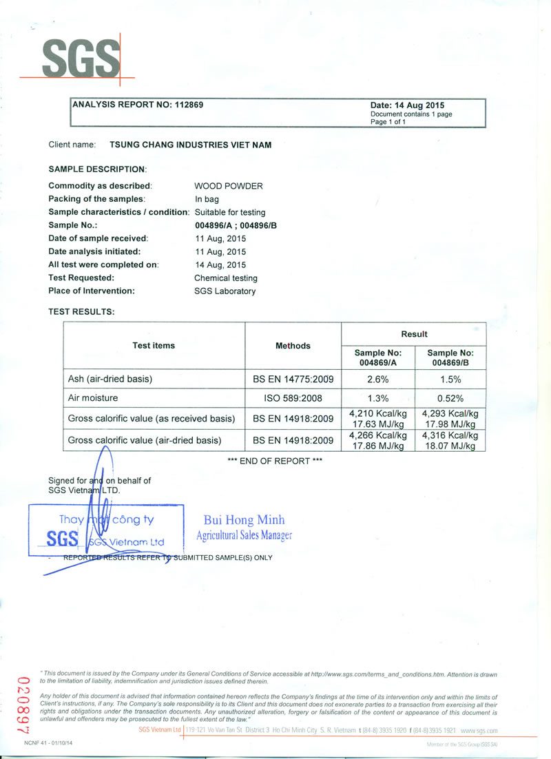SGS test report for TSUNG CHANG wood flour