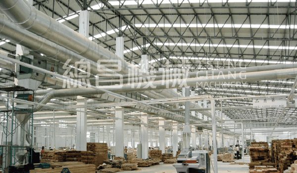 TSUNG CHANG duct conveyor installed as a central dust collection network inside a woodworking plant